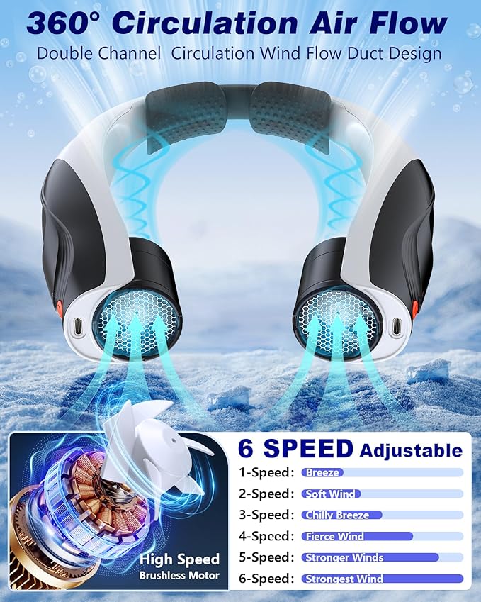 Portable Neck Fan - 6000mAh Rechargeable Personal Fan with 6 Speeds, 360° Cooling Surround Airflow, 20H Long Battery Life Hands-Free Wearable Fan for Outdoor Travel, Office, and Sports