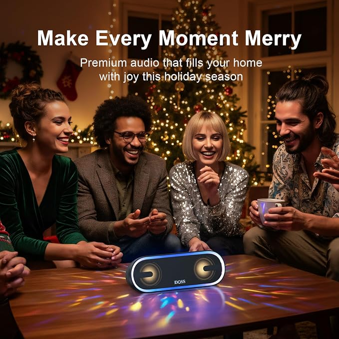 DOSS SoundBox Pro+ P300 Bluetooth Speaker, 40W Stereo Sound, Extra Bass,20H Playtime, Wireless Stereo Pairing, Beat-Driven Lights for Party, IPX6 Waterproof for Garden, Camping, Beach, Outdoor-Black