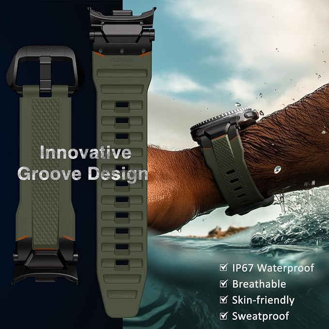 ULTIMAL Rugged TPU Sport Band ONLY for Samsung Galaxy Watch 8 Classic & Galaxy Watch 8 (40/44/46mm), Replacement Strap with Secure Connector, Waterproof Sweat-Resistant, Fit 6.2”-8.9”(Black+Green)