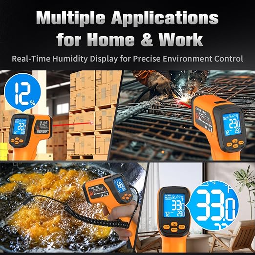 Infrared Thermometer Temperature Gun, Non-Contact Digital Laser Temp -58°F to 1472°F, K-Type Probe -58°F to 572°F, for Cooking, Pizza Oven, BBQ, HVAC, Home & Industrial