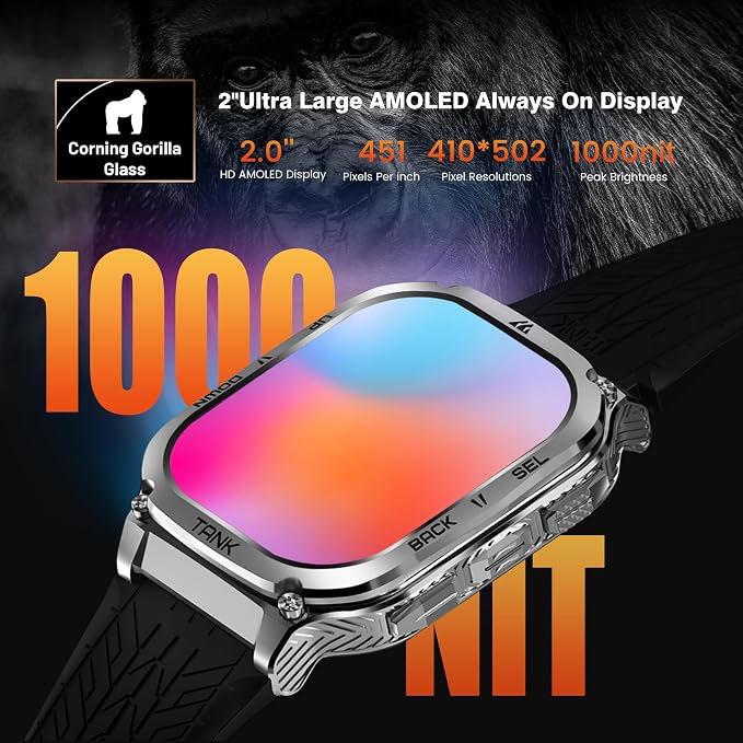 AMAZTIM Smart Watches for Men - Rugged Outdoor Fitness Watch, 170+ Sports Modes, 5 ATM Waterproof, 1.96" AMOLED, Gorilla Glass, Answer/Make Calls, Android & iOS Compatible