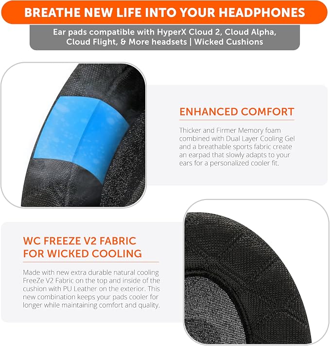 WC Freeze V2 Cloud - Angled Cooling Gel Earpads Compatible with HyperX Cloud Series by Wicked Cushions | Angled Pads for Extreme Comfort, New Freeze V2 Cooling Fabric, Extra Thick | 90's Black