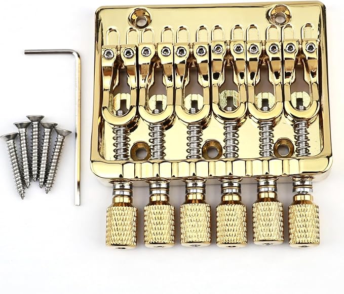 Zinc Alloy Headless Electric guitar Bridge，6 String Fixed Bridge - String Spacing 10.5mm(13/32")，Fits for 6-String Headless Electric Guitar Replacement Parts（Gold）