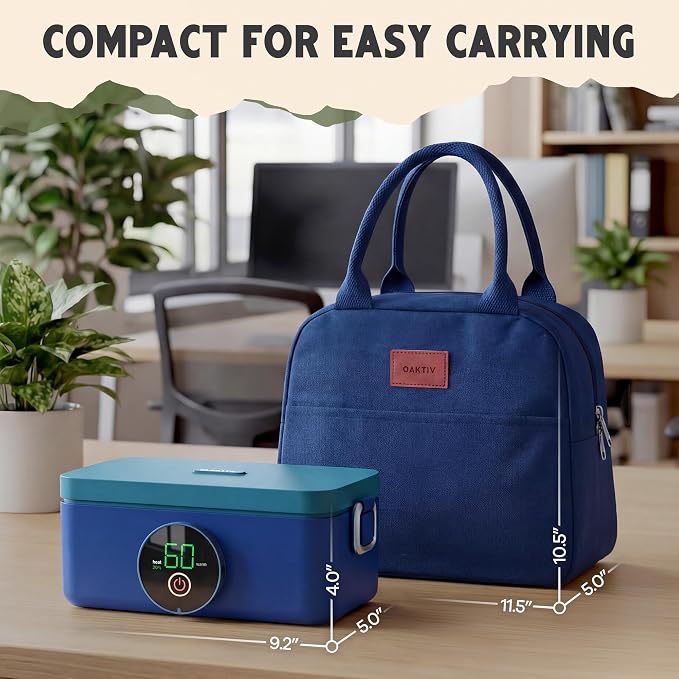 Oaktiv Lunch Box Warmer, Electric Heated Lunch Box for Adults, 4-Cup Cordless Portable Food Warmer with Scheduled Timer, Rechargeable with Insulated Bag