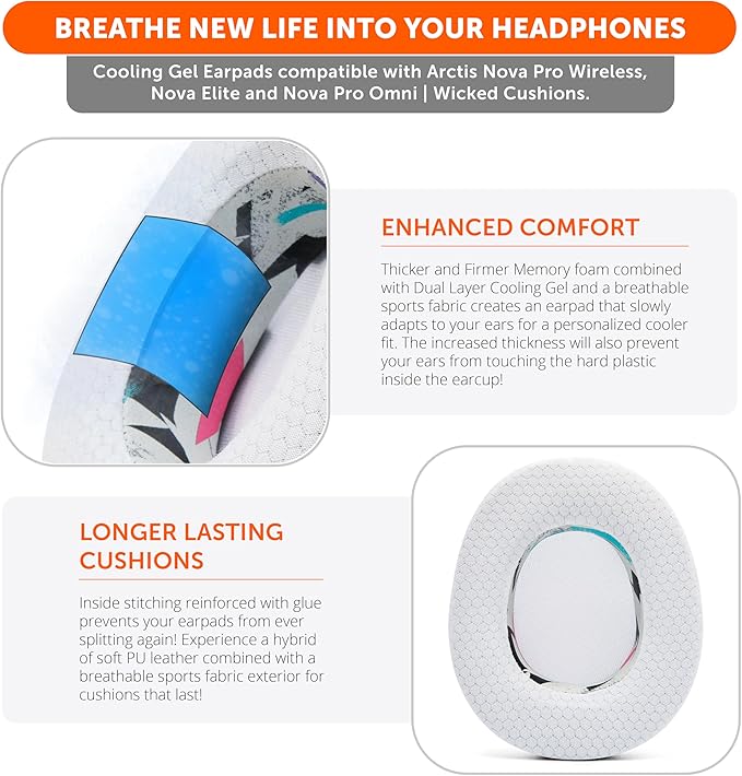 WC Freeze Nova Pro Wireless - Cooling Gel Earpads for Arctis Nova Pro Wireless, Nova Elite & Nova Pro Omni (Doesn’t Fit Other Models), by Wicked Cushions, Extra Thick & Comfortable | 90's White