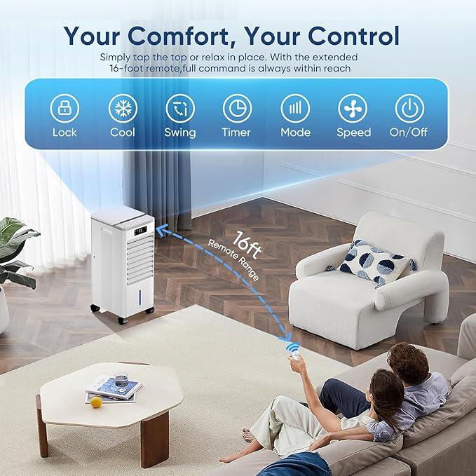 Windowless Portable Air Conditioners Fan, Evaporative Air Cooler 3 Modes & 3 Speeds, 2-Gal Tank for 20H Cooling,12H Timer for Smart Auto-off, 16FT Remote,No Hose Needed,38db Swamp Cooler FK2306Y