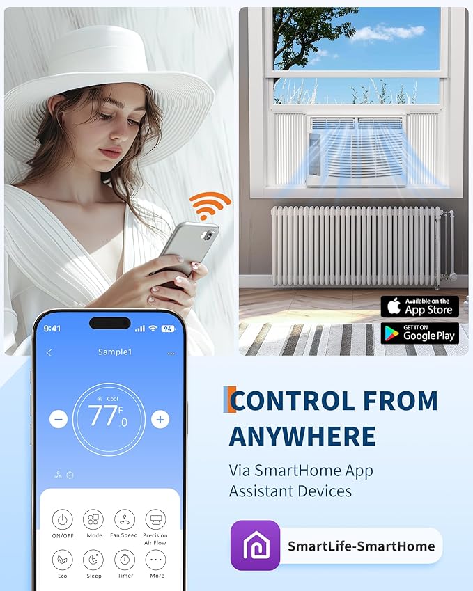 Window Air Conditioner 6,000 BTU with WiFi, Energy Saving Window AC Unit Cools Up to 250 Sq.Ft. with Remote & App Control & Timer, 115V Air Conditioner for Bedroom, Living Room, and Small Room