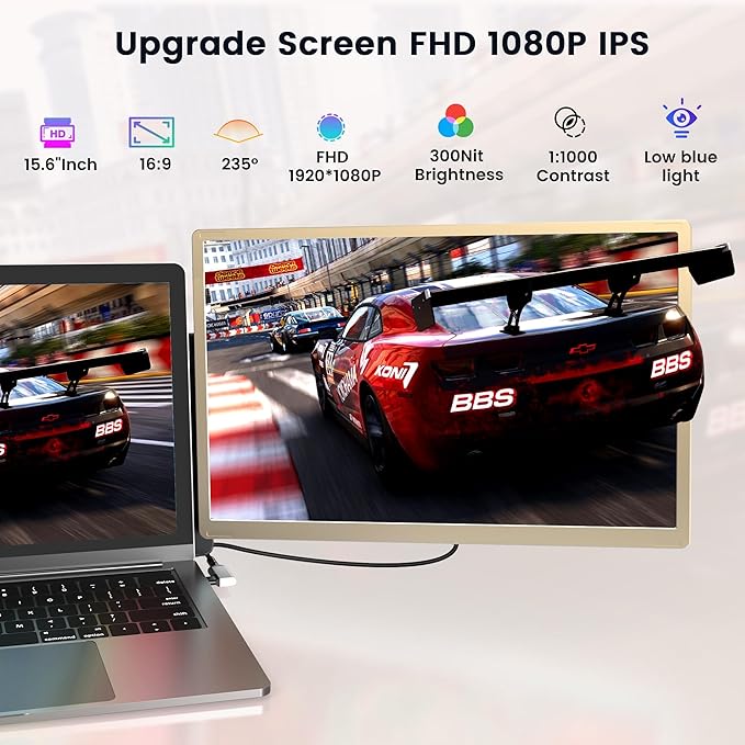 Laptop Screen Extender, 15.6" Detachable Triple Portable Monitor, 1080P FHD IPS Display, Sturdy & Durable, USB-C/HDMI Plug-Play Monitor Extender for Mac/Win/Android, Fits 13-17" Laptops