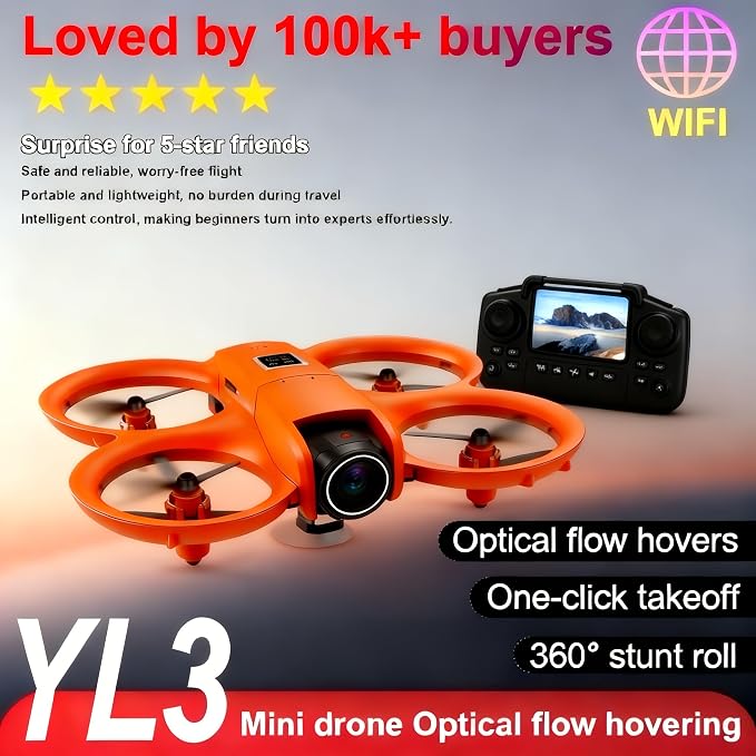 ikaufen YL3 Mini Drone with Dual Camera, Optical Flow Hover, 50X Zoom, 360° Stunt Roll, RC Quadcopter for Kids & Beginners with Screen Remote Control(YL3 screen control Orange)