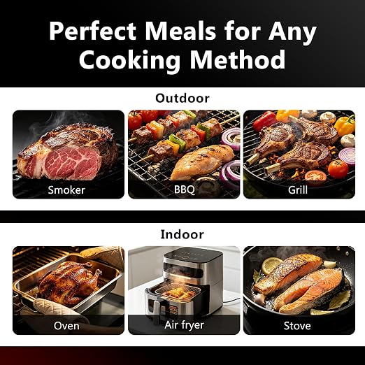Wireless Meat Thermometer, Digital Cooking Thermometer with Smart Display Base, NIST-Certified 6-Sensor Precision, Sub-1G Connectivity, IPX8 Waterproof, App-Controlled for BBQ, Grills, Ovens, Smokers