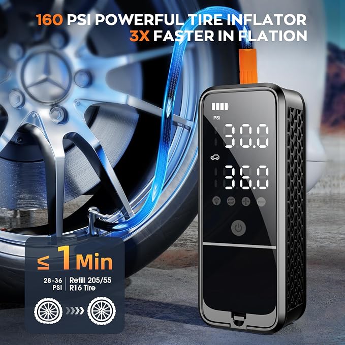 Tire Inflator Portable Air Compressor, 6000mAh Air Pump for Car Tires 160 PSI Portable Air Pump with Tire Gauge Pressure & LED Light & Auto Shut-Off Cordless Bike Pump for Car, Motor, Bike, Ball