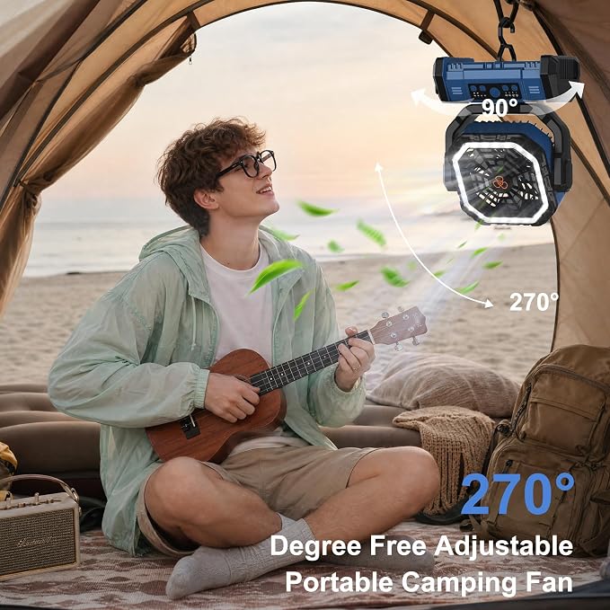 Honesorn 20000mAh Portable Rechargeable Fan, Camping Fan with LED Light & Remote, USB C Cordless Battery Powered, 4 Speeds Timer Hanging Hook for Travel Tent Outdoor Essentials, Navy Blue