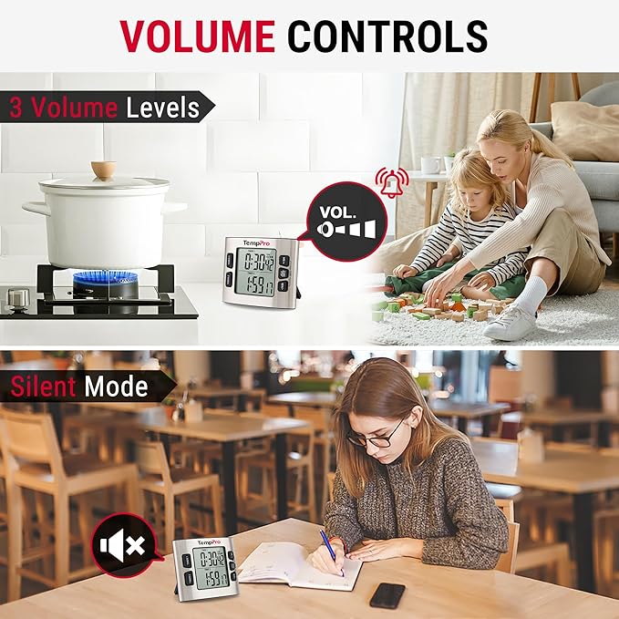 TempPro TM02 24H Digital Timer with Dual Kitchen Timers for Cooking, Magnetic Timer Clock with Adjustable Alarm Volume & LCD Backlit Display, Classroom Timer for Kids & Teachers (Previously ThermoPro)