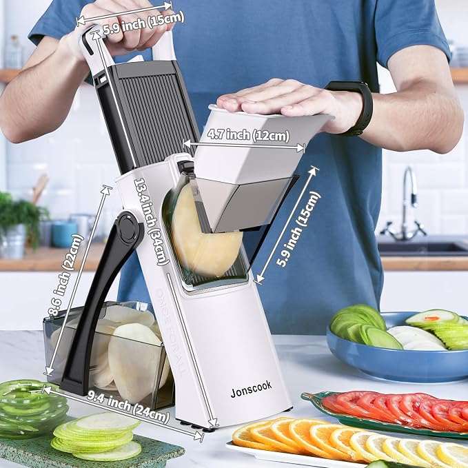 Jonscook All-in-1 Update Safe Mandoline Slicer for Kitchen, Food Chopper with Container, Thickness Adjustable Vegetable Chopper, Potato French Fry Cutter Tomato Apple Slicer Onion (BlackWhite)