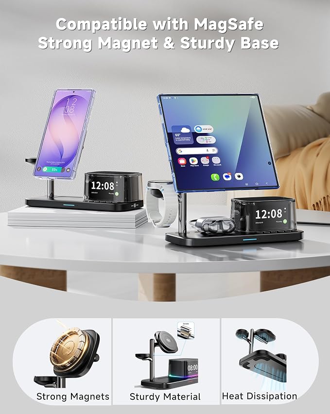 6-in-1 Magnetic Charging Station for Samsung,Qi2.2 25W Fast Wireless Charger for S26 Ultra,Alarm Clock/Night Light/Bluetooth Speaker,Charger Stand for Magsafe for S26 Plus/S25/Z Fold7&Galaxy Watch 8/7