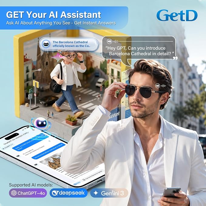 GetD AI Smart Glasses for Men Women with Classic Aviator, Nylon Polarized Bluetooth Sunglasses, Smart Sunglasses with ChatGPT AI Translation with for 145 Languages