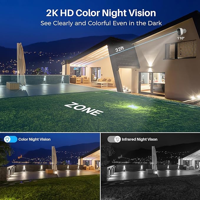 Security Cameras Wireless Outdoor Indoor, 2K Battery Powered WiFi Camera for Home Security, AI Motion Detection, Color Night Vision, IP66 Weatherproof, 2-Way Talk, Siren Alarm, SD/Cloud Storage