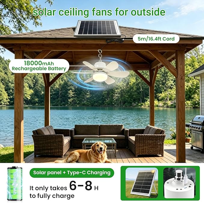 Solar Ceiling Fan with Light, 18000mAh Rechargeable Portable Camping Fan with Remote, 450CFM Strong Airflow, 17.5'' Battery Powered Ceiling Fan for Outside Gazebo, Canopy, Tent, RV