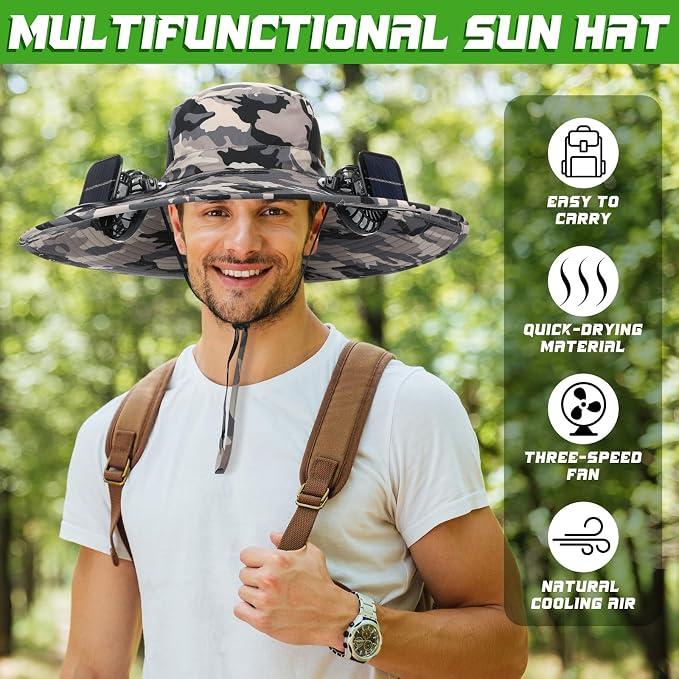 Berlune Sun Hat with 2 Solar Fan Wide Brim Fishing Bucket Hat USB & Solar for Men Women UPF 50+ Cooling for Fishing Beach