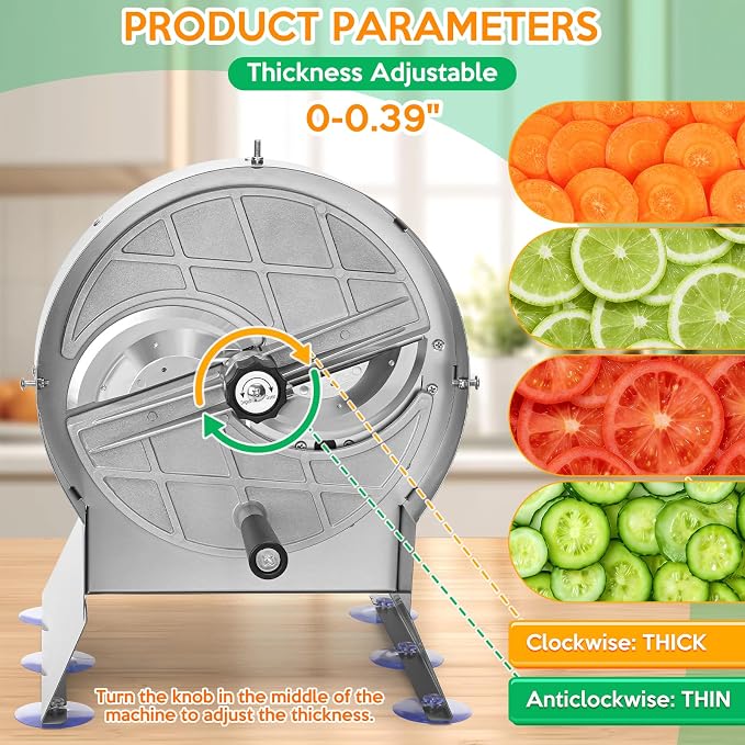 Commercial Vegetable Slicer Commercial Fruit Cutter Electric＆Manual 0-10MM Adjustable Thickness Stainless Steel 0-0.39’’ for Lemons, Cabbage, Potatoes, Apples