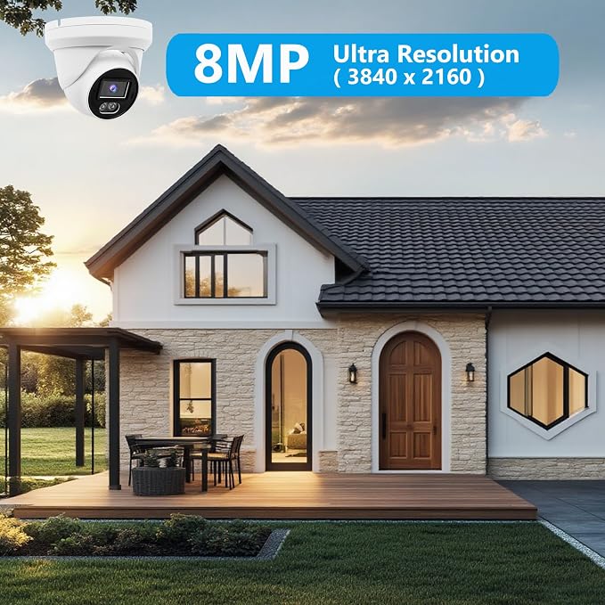 Real HD 8MP 4K PoE IP Full Color Night Vision Security Camera Outdoor, 2.8mm Wide Angle, H.265, Waterproof IP66, Metal Housing Turret Dome IP Camera, NDAA Compliant