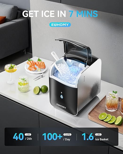 EUHOMY Smart Nugget Ice Maker Countertop, Pebble Ice Maker Machine with APP/Alexa Control, 40lbs/24H, Ready in 7 Mins, Self-Cleaning, Portable Sonic Ice Makers with Hanging Ice Scoop for Home/Office
