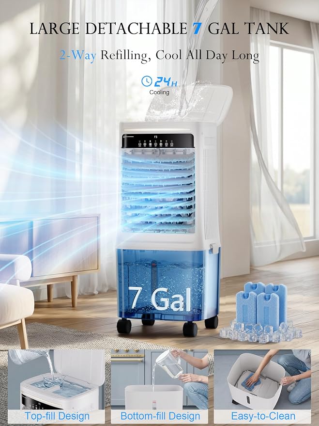 Uthfy 3000CFM Swamp Cooler, Evaporative Air Cooler with Dual Water Tanks for 30H Cooling, 120° Oscillating, Ambient Light, 7.0 GAL Detachable Water Tank, 12H Timer, 3 In 1 Indoor&Outdoor Cooling Fan