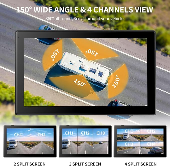 Fookoo AHD 1080P Wired 4 Backup Camera System, 10.1" Touchscreen Monitor Blind Spot Detection Vibration-Proof 10G Cameras for Tractor Trailer Excavator Skid Steer Harvester RV DVR MP3 MP5 Waterproof
