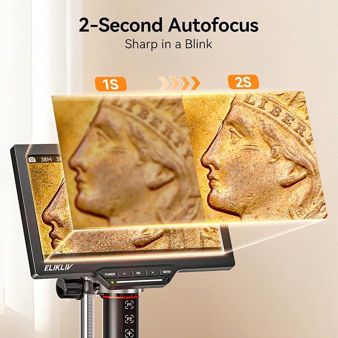 Elikliv Autofocus Digital Microscope EM3K-AF Max: 3K Coin Microscopes with 10.1" IPS Screen, HDMI Soldering Microscope for Electronics Repair, Watchmaking Magnifier, HDMI/USB Output, 10" Stand, 16GB