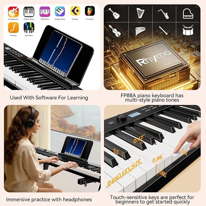Rhymo 88 Key Portable Piano Keyboard, Semi-Weighted Folding Piano Full Size, Ultra Sound Upgrand Imitation Wood Texture Keyboard w/MIDI Bluetooth LCD Display Screen, Sustain Pedal for Beginners Adult