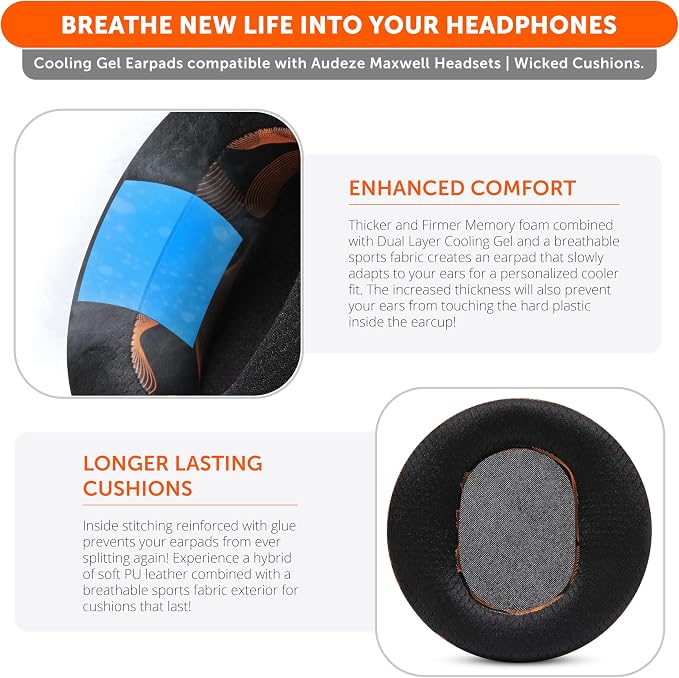 WC Freeze Maxwell - Cooling Gel Replacement Earpads for Audeze Maxwell Headphones by Wicked Cushions - Elevate Comfort, Durability, Thickness & Sound Isolation for Epic Gaming Sessions | Kinetic Wave