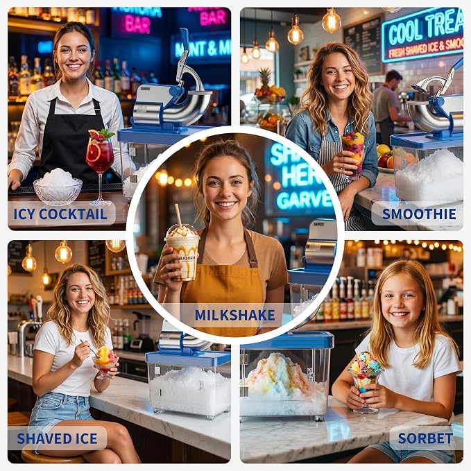 Commercial Ice Crusher 750LBS/H, 350W Electric Snow Cone Machine with 4 Stainless Steel Blades, 2000RPM, 8.98Gal Hopper Shaved Ice Maker with Safety On/Off Switch for Home, Restaurants, Bars, Blue