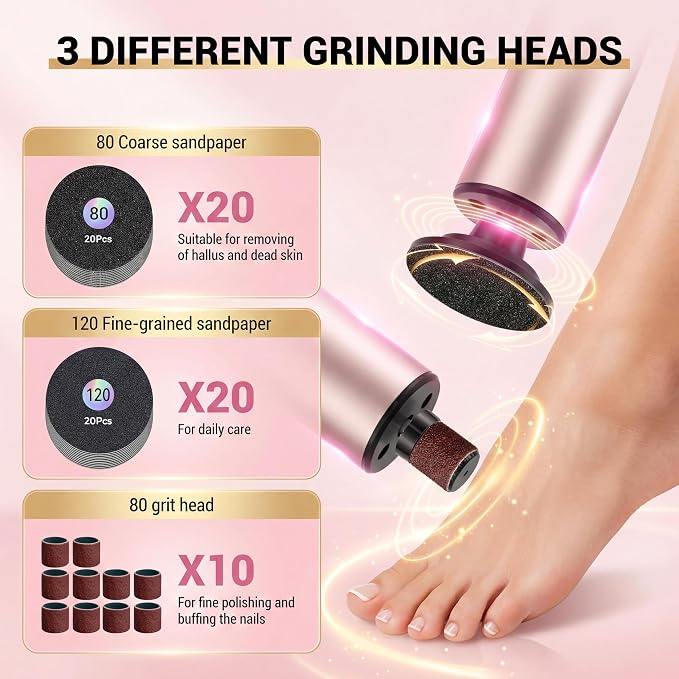 Electric Foot Callus Remover, Rechargeable Pedicure Kit with 10 Heads & 40 Grit Pads, 3 Speed LED Display, Strong Motor for Heels & Dead Skin, Portable & Foldable Callus Remover for Smooth Feet, Pink