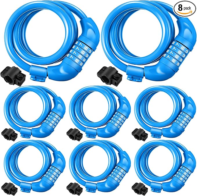 Hotop 8 Pcs Bike Locks Bulk High Security 4 Digit Heavy Duty Bicycle Cable Locks with Mounting Bracket 4 Ft Resettable Coiling Bike Lock with Combination, 1/2 Inch Diameter(Blue)