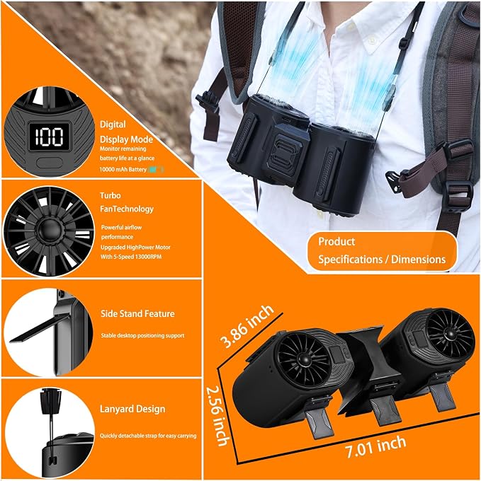 Portable Waist Fan Detachable Dual-Fan Combination Turbo Technology10000 mAh 5-Speed 13000RPM Clip On Belt Wearable Personal Neck Fan for Traveling Outdoor Jobsite Camping WZ-ruijiang (BLACK)