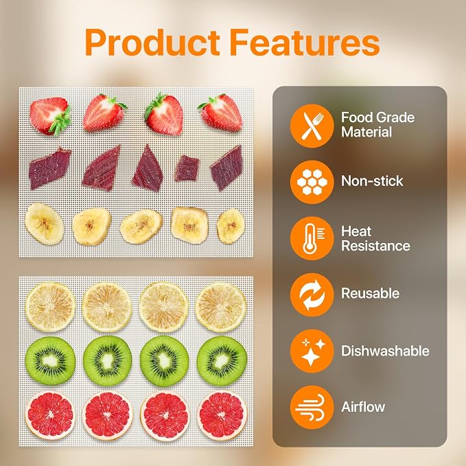 Silicone Dehydrator Sheets 6 Pcs, Resuable Mat 11 x 8in for Food Dehydrator Freeze Dryer to Prevent Food Spills, Heat-Resistant Dehydrator Trays, Dishwasher Safe, White Rectangular