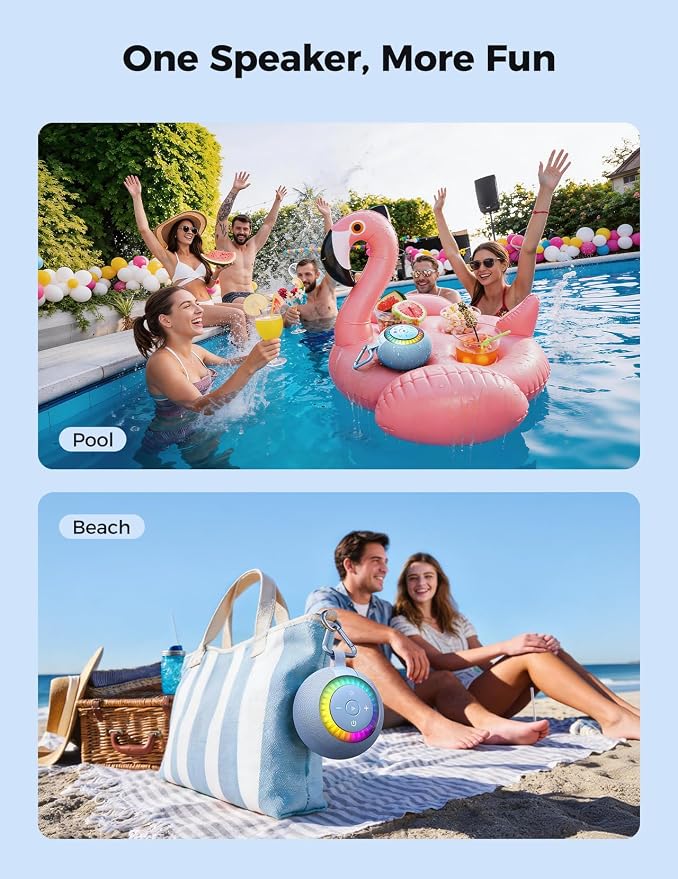 Bluetooth Shower Speaker Waterproof IPX7: Removable Vacuum-Lock Suction Cup, 360° Surround Sound, RGB Light, Portable Wireless Speaker for Beach, Pool, Kayak, Back to School Gifts for Adult Teen-Blue
