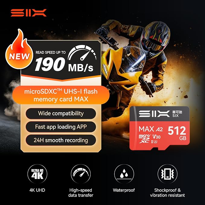 SIX M200 128GB Micro SD Card Read Up to 190MB/s for 4K UHD Continuous Recording - A2, U3, V30 microSDXC Memory Card 128GB with Adapter for Action Cameras, Drones, Gaming Consoles, Dash Cams, Phones