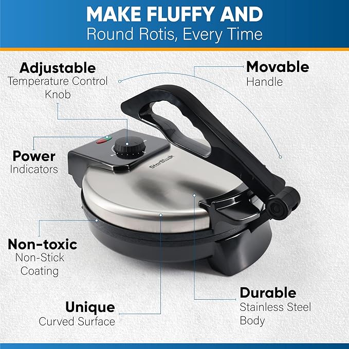 10inch Roti Maker by StarBlue with FREE Roti Warmer and Removable Handle - The automatic Stainless Steel Non-Stick Electric machine to make Indian style Chapati, Tortilla, Roti AC 110V 50/60Hz 1200W