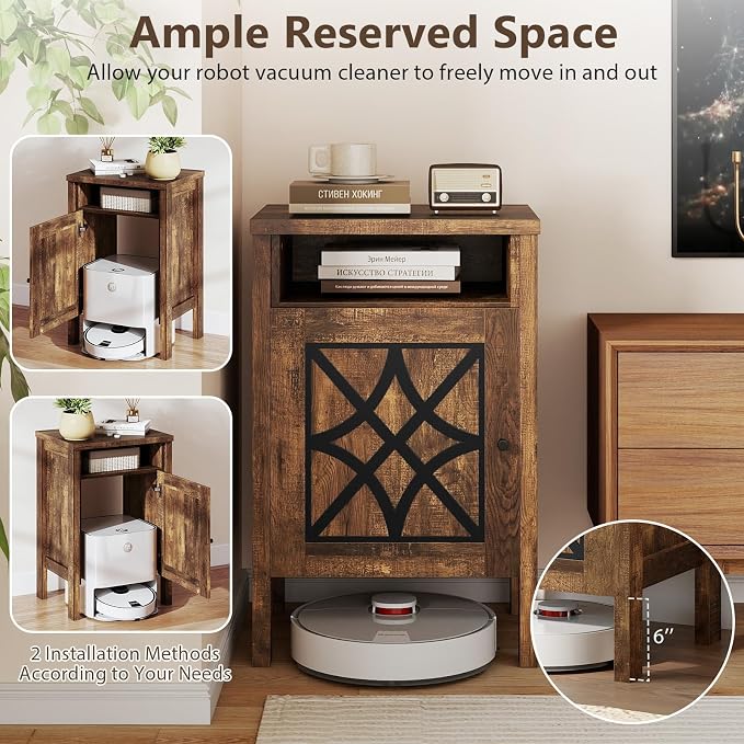 Giantex Robot Vacuum Storage Cabinet, Farmhouse End Table with Anti-Tipping Device, Anti-slip Foot Pads, Nightstand, Space-Saving Sweeping Robot Stand for Small Space, Bedroom, Kitchen, Office (Brown)