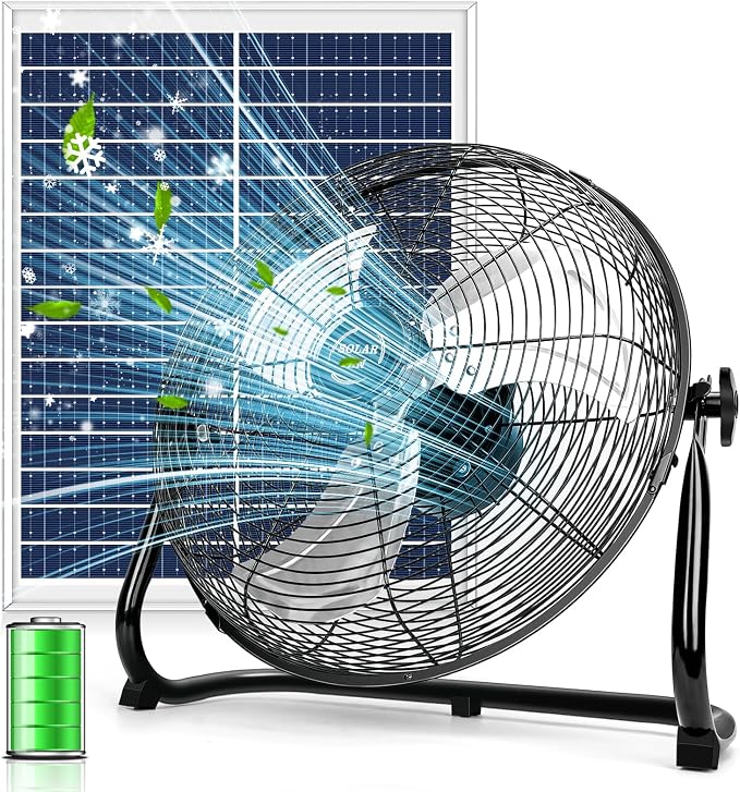 14'' Solar Powered Fan with 20W Solar Panel, Portable Battery Operated Cordless Outdoor Floor Fan for Camping, Home, Patio, Worksite - Stepless Speed, Metal Construction and Aluminum Blades