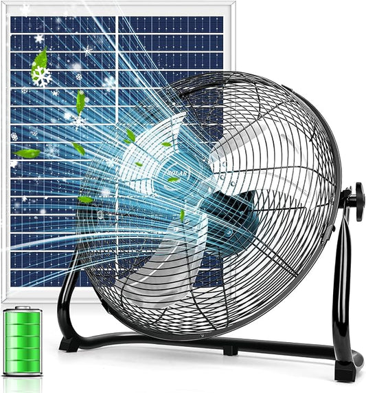 14'' Solar Powered Fan with 20W Solar Panel, Portable Battery Operated Cordless Outdoor Floor Fan for Camping, Home, Patio, Worksite - Stepless Speed, Metal Construction and Aluminum Blades