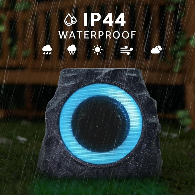uuffoo 2-Pack Solar Powered Rock Speakers Outdoor Water-Resistant IP44 Rock Speaker with Lights RGB Colors and USB Charging for Patio Pool Party Yard Garden Outside