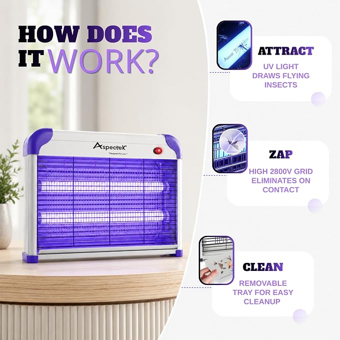 ASPECTEK 20W Heavy Duty Bug Zapper, High-Voltage Electric Mosquito and Fly Killer, Indoor and Covered Outdoor Gnat Control for Bedroom, Patio and Greenhouse, Includes 2 UV Bulbs - Purple