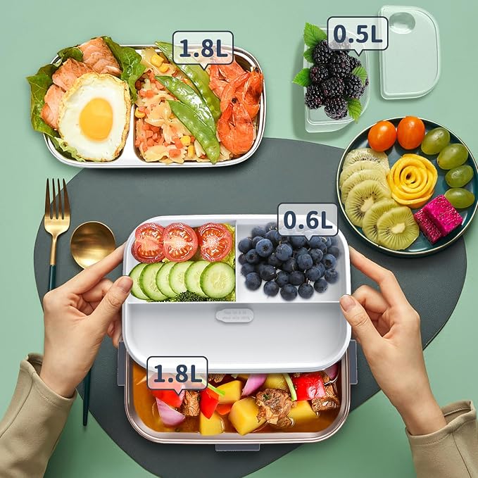 Electric Heated Lunch Box for Adults with 2 Pack 1.8L Containers, ON/OFF Power Switch & 0.6L Double Layer, Portable 100W 3-IN-1 Fast Heating Food Warmer for Men, ,12V/24V/110V for Car Truck Office