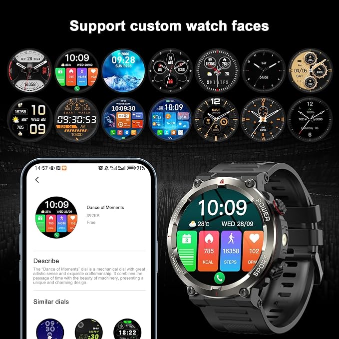 Military Tactical Smart Watches for Men, 1.45" Smart Watch for Android and iPhone, Fitness Tracker Watch with Compass & Flashlight/30-Day Battery/IP68 Waterproof/Heart Rate/120+ Sport Modes(2 Straps)