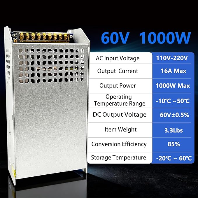 AC to DC Converter 60V 16A 1000W Power Supply,Universal SMPS 110V/120V/220V AC to DC Converter Power Supply Transformer Driver Adapter for CCTV,RV,Pump,LED Strip (DC60V-16A-1000W)