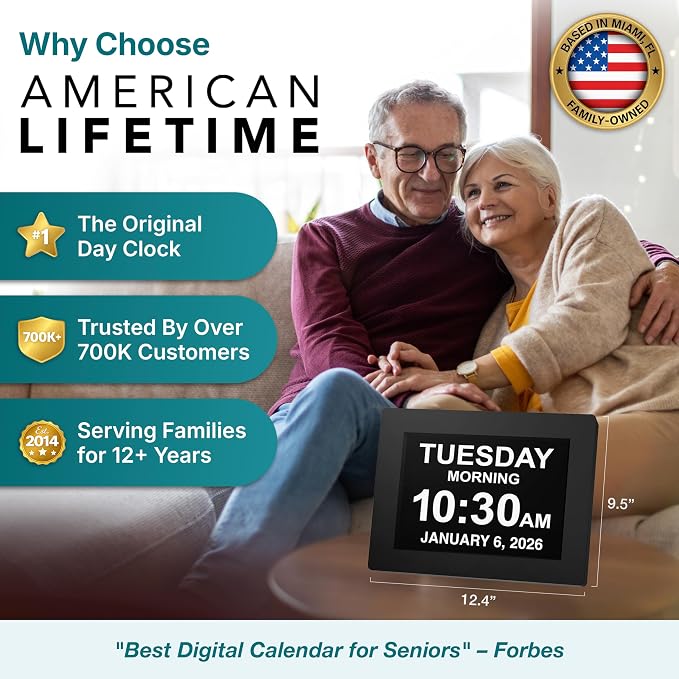 American Lifetime New 2026 Dementia Clock Large for Seniors, Digital Clock Large Display with Custom Alarms, Clock with Day & Date for Elderly, Number Digital Clock 12 Inches Black