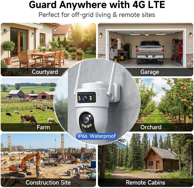 2K Dual Lens 4G LTE Solar Outdoor Security Camera, No WiFi Needed | 24/7 continuous recording,10W solar panel,13500mAh battery,human auto tracking,Ideal for farm&construction site,cabin,barn