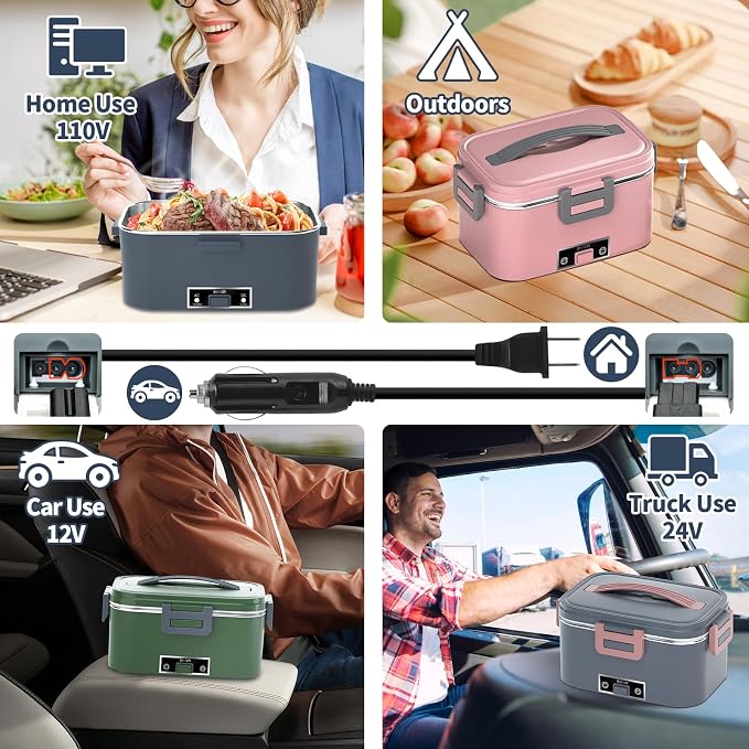 Electric Heated Lunch Box for Adults with 2 Pack 1.8L Containers, ON/OFF Power Switch & 0.6L Double Layer, Portable 100W 3-IN-1 Fast Heating Food Warmer for Men, ,12V/24V/110V for Car Truck Office